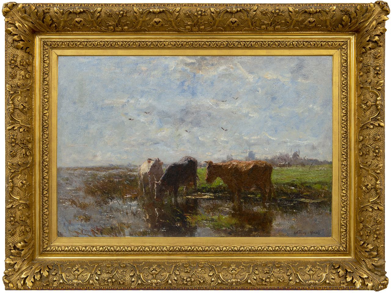 Maris W.  | Willem Maris | Gemälde zum Verkauf angeboten | Trinkende Kühe in einer Polderlandschaft, Öl auf Leinwand 58,2 x 85,2 cm, Unterzeichnet l.u.