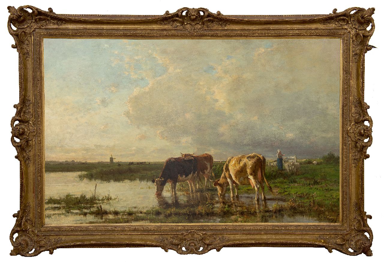 Mauve A.  | Anthonij 'Anton' Mauve | Gemälde zum Verkauf angeboten | Trinkendes Vieh entlang des Flusses, Öl auf Leinwand 84,8 x 134,8 cm, Unterzeichnet u.r.