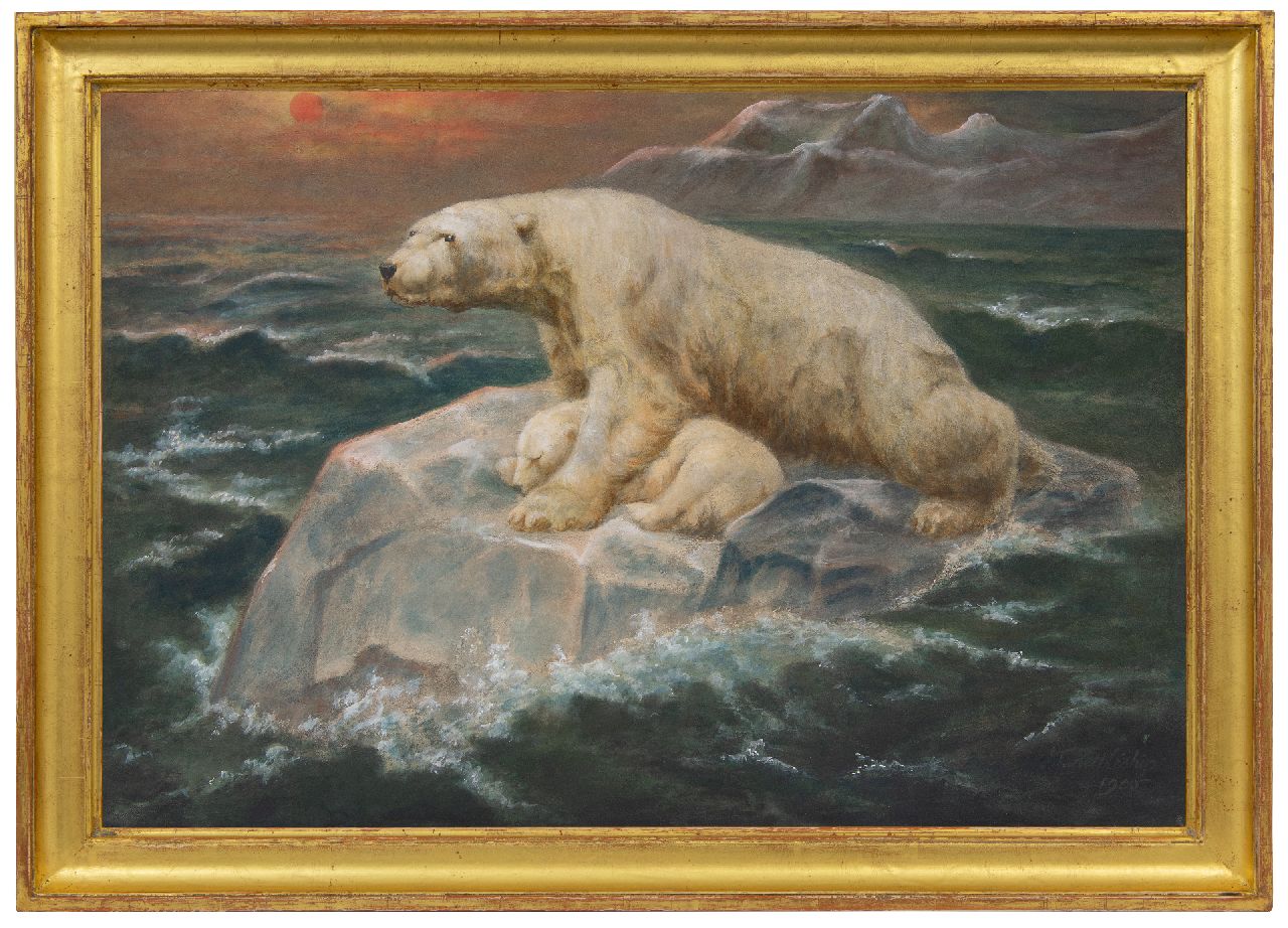 Nettleship J.T.  | John Trivett Nettleship, Eisbär mit Jungen auf einem Eisstrom bei Sonnenuntergang, Gouache auf Papier 47,2 x 69,9 cm, Unterzeichnet u.r. und datiert 1900