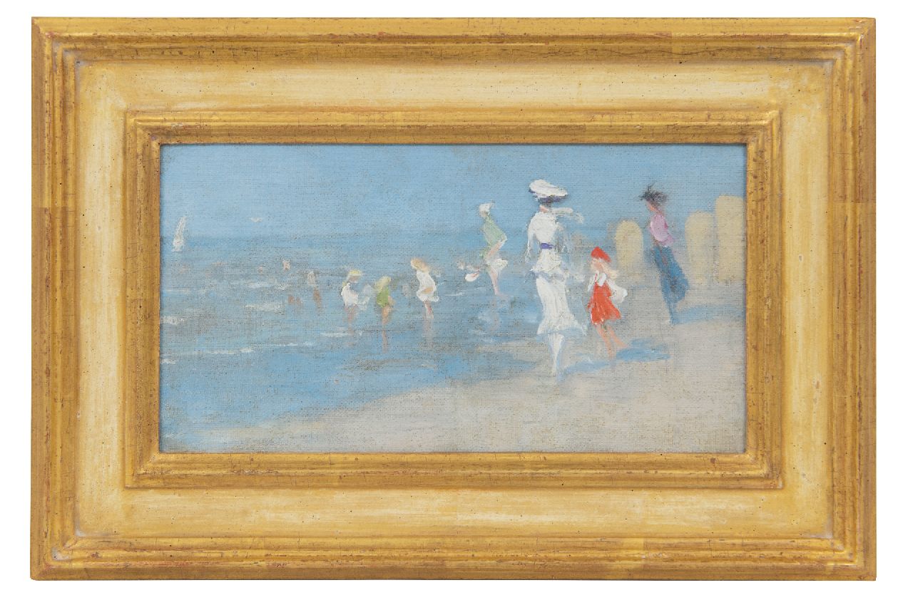 Steenwijk H. van | Hendrik van Steenwijk | Gemälde zum Verkauf angeboten | Strandszene mit Badegästen, Öl auf Leinwand  auf Holzfaser 13,2 x 24,2 cm