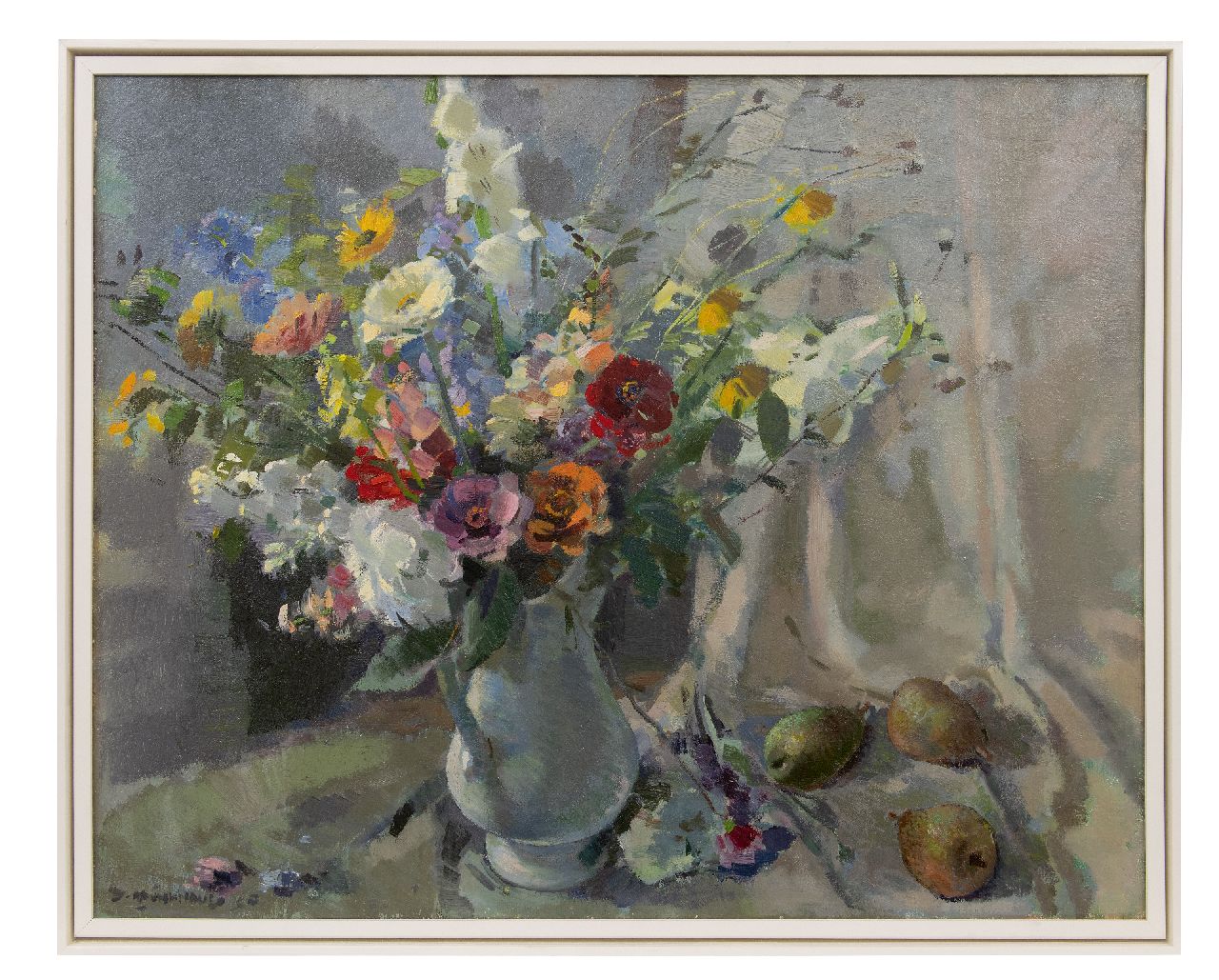 Mühlhaus D.  | Daniël 'Daan' Mühlhaus | Gemälde zum Verkauf angeboten | Stillleben mit Sommerblumen und Birnen, Öl auf Leinwand 80,5 x 100,5 cm, Unterzeichnet u.l.
