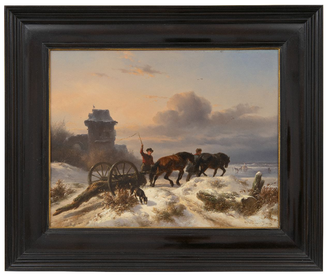 Verschuur W.  | Wouterus Verschuur | Gemälde zum Verkauf angeboten | Fuhrleute mit 'Mallejan' in einer Winterlandschaft, Öl auf Holz 27,2 x 35,0 cm, Unterzeichnet u.r. und datiert 1849