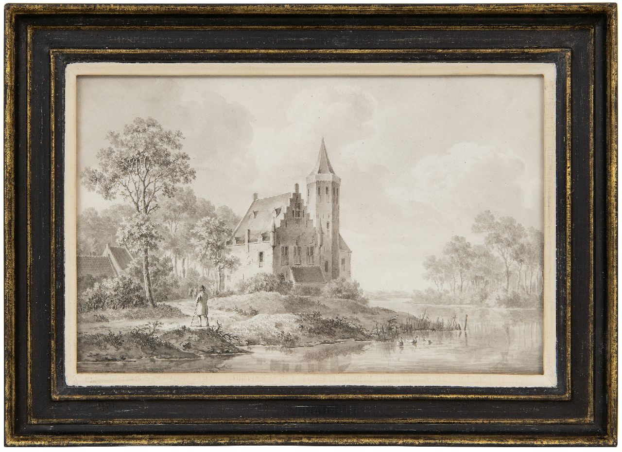 Koekkoek B.C.  | Barend Cornelis Koekkoek, Reisenden an einem Schloss beim Flussufer, Getuschte Tinte auf Papier 18,0 x 27,5 cm