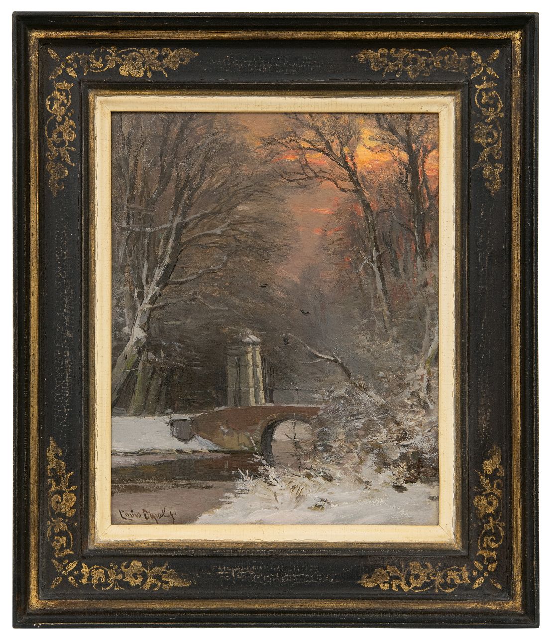 Apol L.F.H.  | Lodewijk Franciscus Hendrik 'Louis' Apol, Blick in einen verschneiten Wald in der Abenddämmerung, Öl auf Holz 27,4 x 21,9 cm, Unterzeichnet u.l.