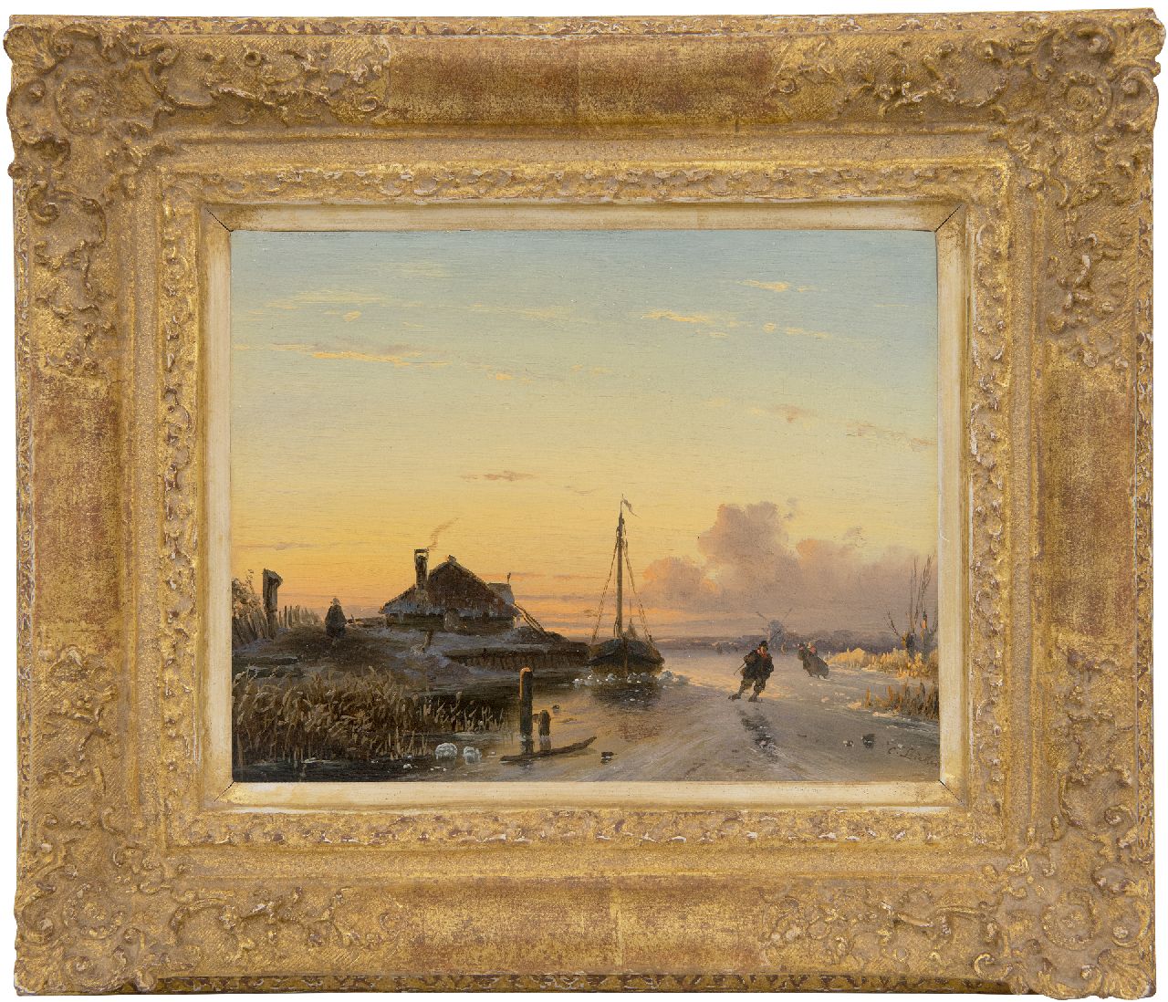 Leickert C.H.J.  | 'Charles' Henri Joseph Leickert | Gemälde zum Verkauf angeboten | Skater bei Sonnenuntergang, Öl auf Holz 17,0 x 21,0 cm, Unterzeichnet u.r. und zu datieren um 1846-50