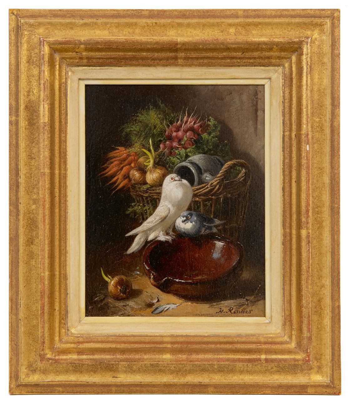 Ronner-Knip H.  | Henriette Ronner-Knip | Gemälde zum Verkauf angeboten | Tauben beim Gemüsekorb, Öl auf Holz 18,9 x 15,5 cm, Unterzeichnet u.r.