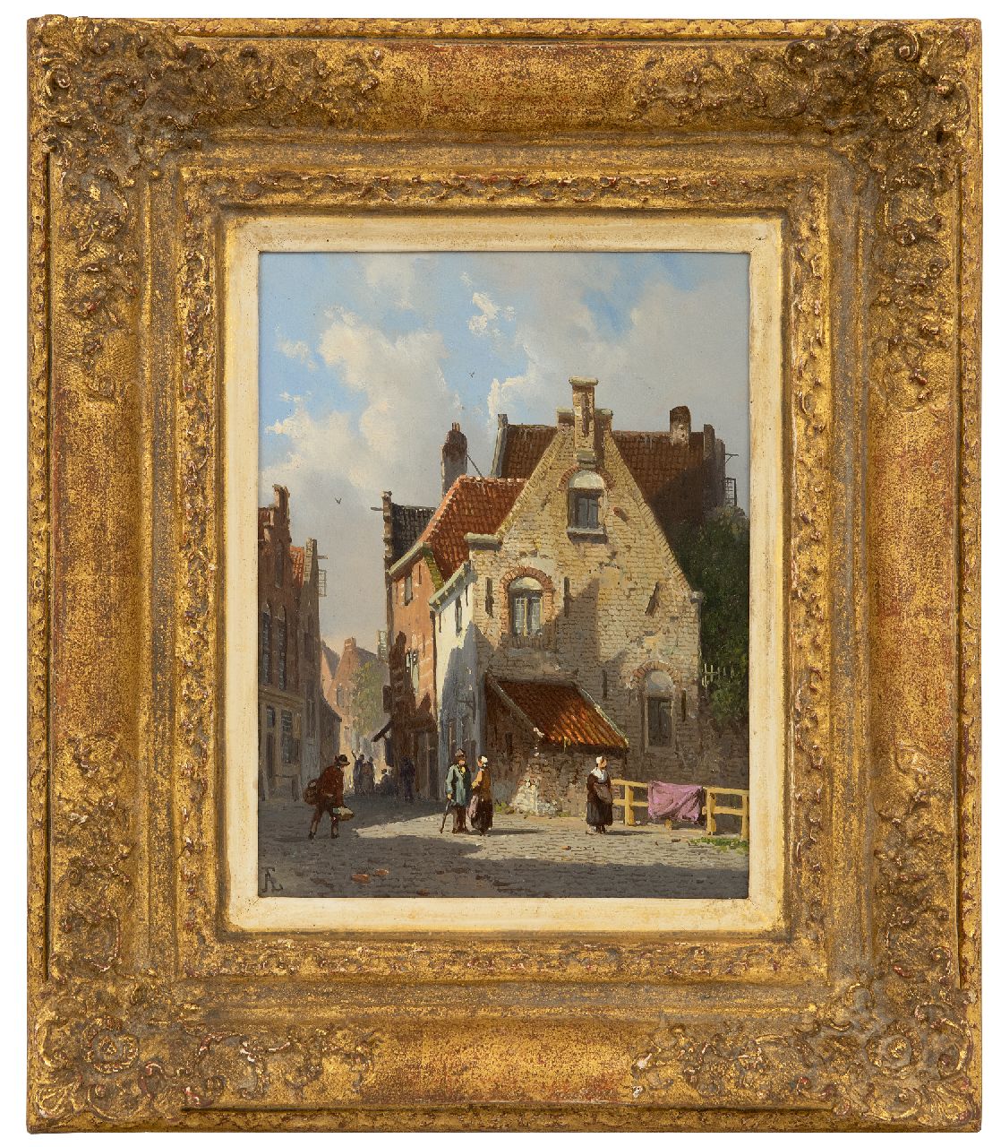 Eversen A.  | Adrianus Eversen | Gemälde zum Verkauf angeboten | Sunny street with figures, Öl auf Holz 19,1 x 14,5 cm, Unterzeichnet u.l. mit Monogramm