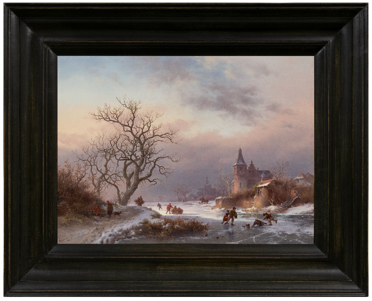 Kruseman F.M.  | Frederik Marinus Kruseman, Winterlandschaft mit Skater auf einem zugefrorenen Fluss, Öl auf Holz 29,0 x 39,0 cm, Unterzeichnet u.l. und datiert 1855