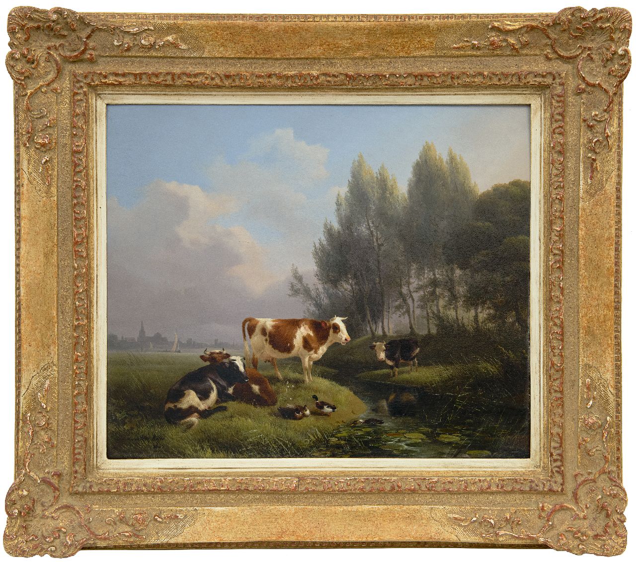 Ronner-Knip H.  | Henriette Ronner-Knip, Kühe auf der Wiese, Den Bosch im Hintergrund, Öl auf Holz 33,0 x 39,2 cm, Unterzeichnet l.u. und datiert 1845