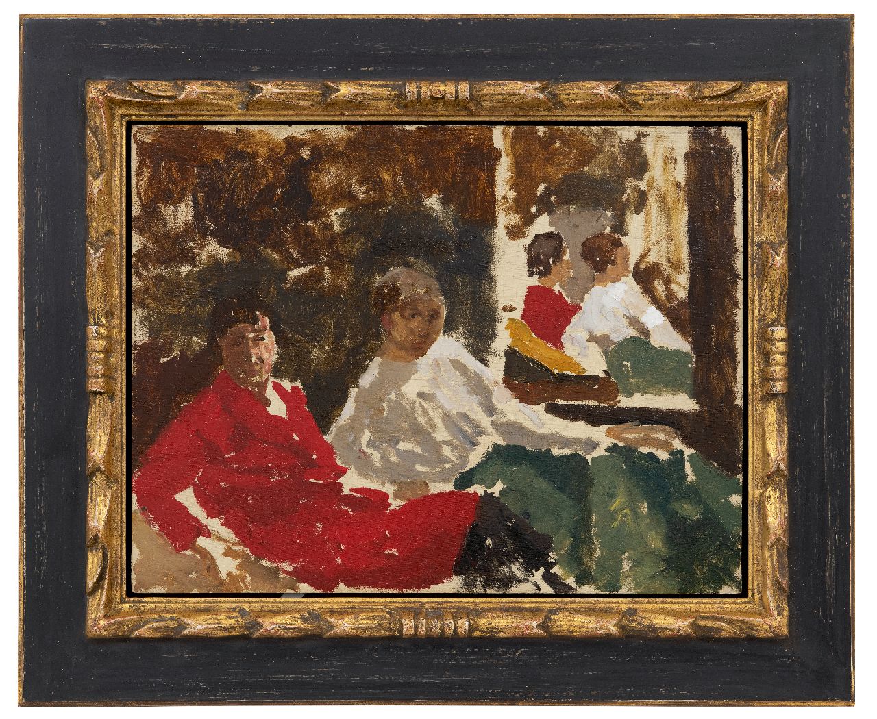 Breitner G.H.  | George Hendrik Breitner, Zwei Frauen sitzend vor einem Spiegel, Öl auf Holz 31,5 x 41,2 cm, Unterzeichnet o.L.
