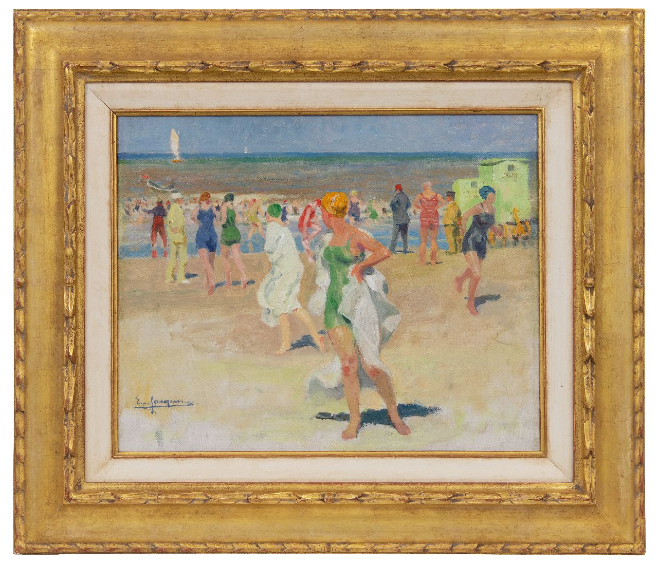 Jacques E.  | Emile Jacques, Strandszene mit Badegästen, Öl auf Leinwand 34,1 x 41,3 cm, Unterzeichnet u.l.