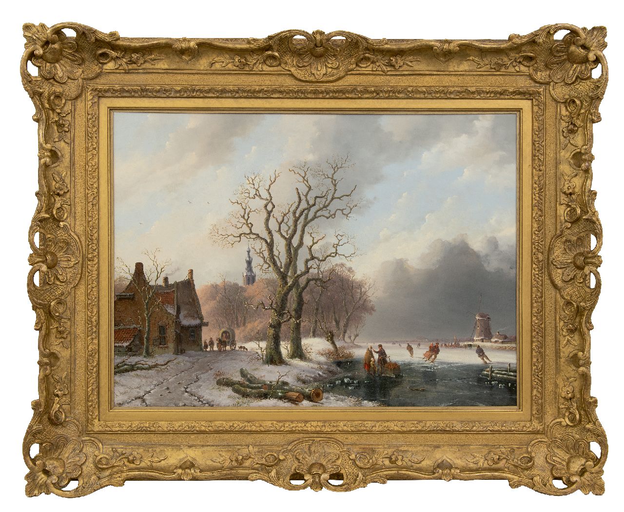 Meijier A.A. de | Anthony Andreas de Meijier | Gemälde zum Verkauf angeboten | Skater auf einem zugefrorenen Fluss in der Nähe einer Stadt, Öl auf Holz 52,1 x 72,1 cm, Unterzeichnet u.l.