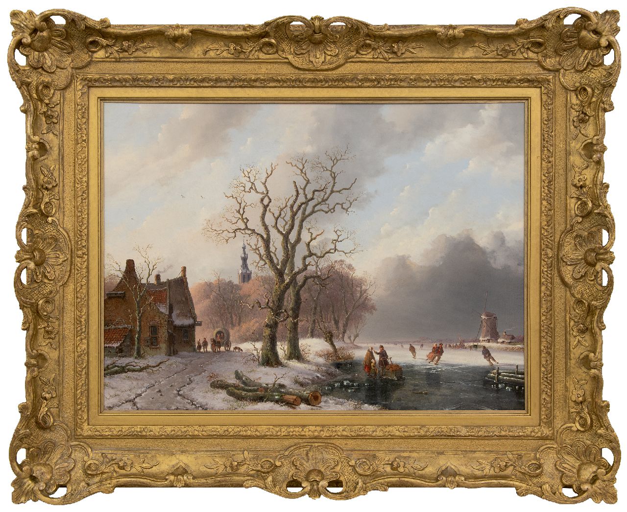 Meijier A.A. de | Anthony Andreas de Meijier | Gemälde zum Verkauf angeboten | Skater auf einem zugefrorenen Fluss in der Nähe einer Stadt, Öl auf Holz 52,1 x 72,1 cm, Unterzeichnet u.l.