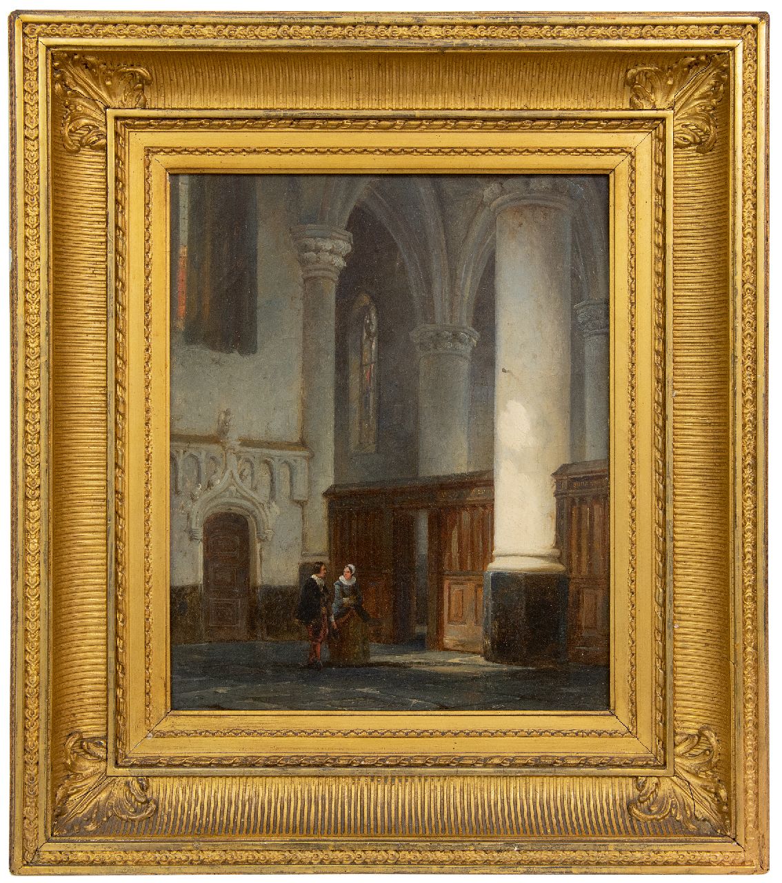 Springer C.  | Cornelis Springer | Gemälde zum Verkauf angeboten | Mann und Frau im Kirchenraum, Öl auf Leinwand 32,9 x 27,3 cm, Unterzeichnet u.l. mit Monogramm und datiert '44