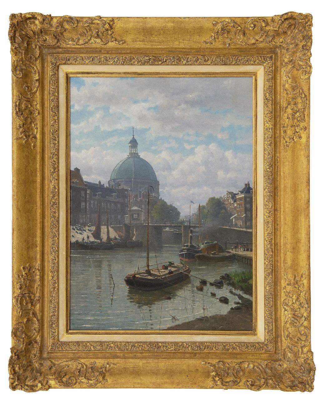 Greive J.C.  | Johan Conrad 'Coen' Greive | Gemälde zum Verkauf angeboten | Angelegte Arbeitsschiffe vor der Amsterdamer Haarlemmersluis bei der Ronde Lutherse Kerk, Öl auf Leinwand 57,9 x 42,4 cm, Unterzeichnet u.r. und datiert 1890