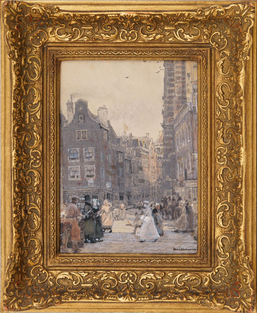 Herrmann J.E.R.  | Johann Emil Rudolf 'Hans' Herrmann | Aquarelle und Zeichnungen zum Verkauf angeboten | Stadtbild in Amsterdam, Kreide und Aquarell auf Papier auf Leinwand 34,1 x 24,5 cm, Unterzeichnet u.r.