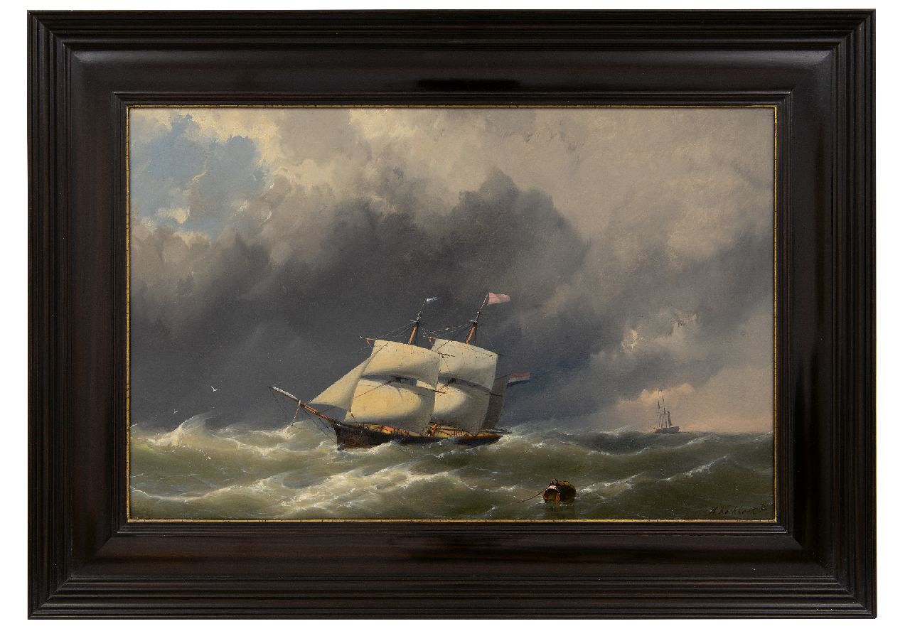 Koekkoek jr. H.  | Hermanus Koekkoek jr. | Gemälde zum Verkauf angeboten | Brik vor der Küste bei schwerem Wetter, Öl auf Holz 28,1 x 44,1 cm, Unterzeichnet u.r.