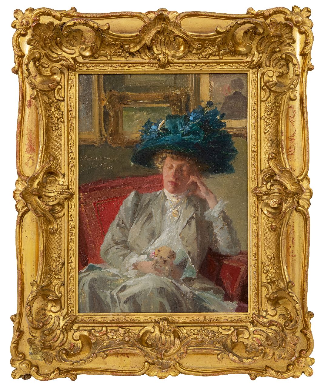 Livemont H.P.A.T.  | Henri 'Privat' Antoine Théodore Livemont | Gemälde zum Verkauf angeboten | In der Ausstellung: Frau mit blauem Hut und Hündchen, Öl auf Holzfaser 33,1 x 24,0 cm, Unterzeichnet m.l. und datiert  'le 1 Aout' 1908