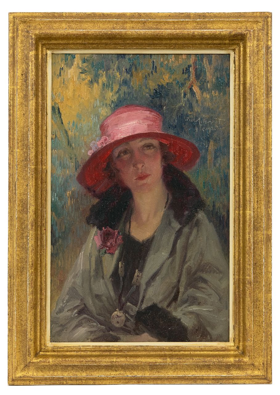 Livemont H.P.A.T.  | Henri 'Privat' Antoine Théodore Livemont, Junge Frau mit rosa Hut, Öl auf Holz 34,3 x 21,7 cm, Unterzeichnet o.r. und datiert 8-5-1921