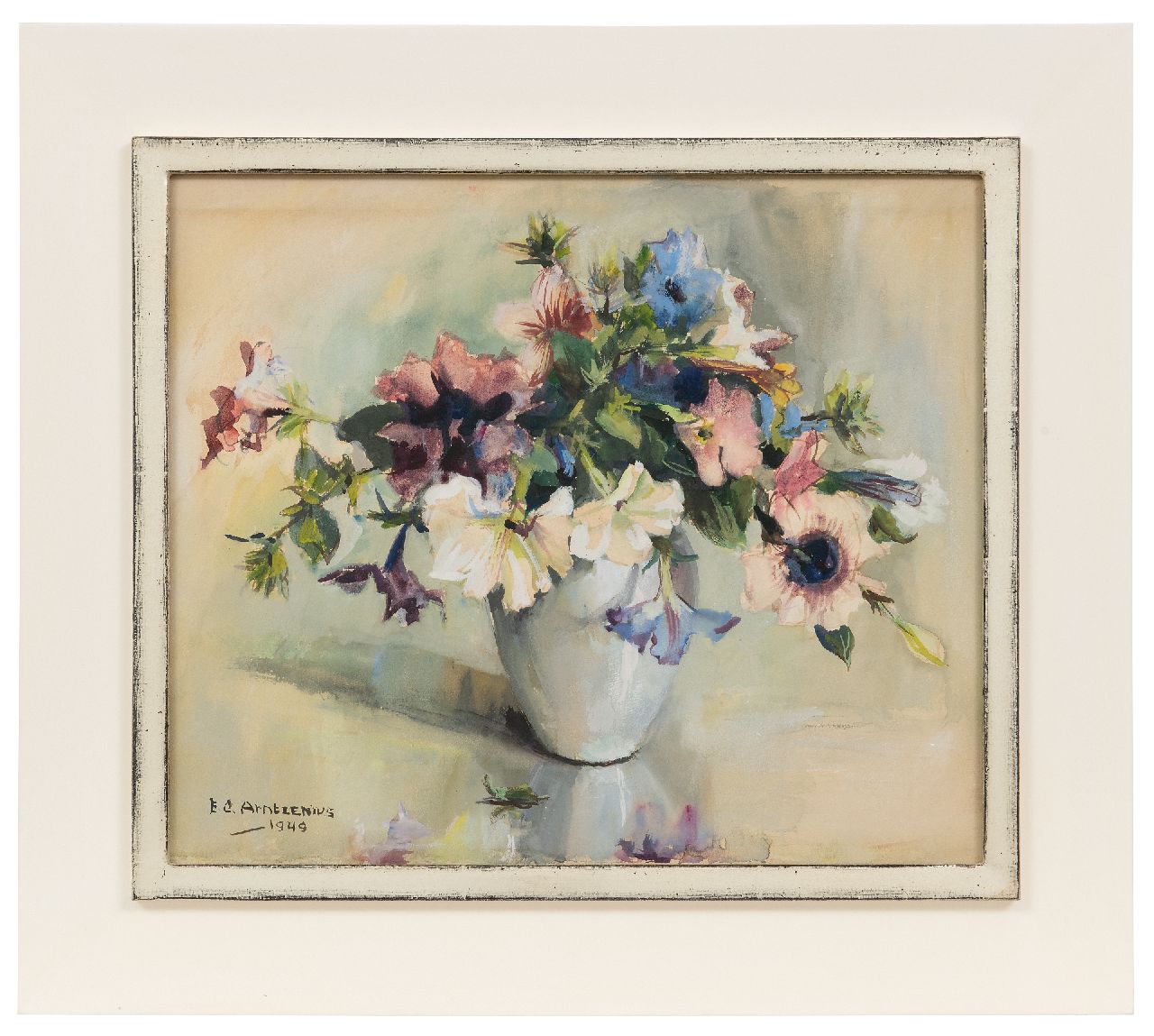 Arntzenius E.C.  | Elise Claudine Arntzenius | Aquarelle und Zeichnungen zum Verkauf angeboten | Blumen in einer weißen Vase, Aquarell auf Papier 36,6 x 43,0 cm, Unterzeichnet u.l. und datiert 1949