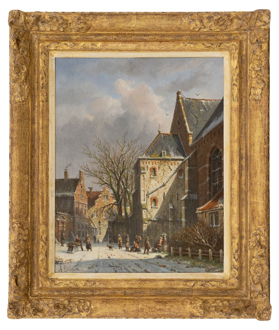 Eversen A.  | Adrianus Eversen | Gemälde zum Verkauf angeboten | Schneebedecktes Stadtbild mit Figuren, Öl auf Holz 35,7 x 27,6 cm, Unterzeichnet u.l.