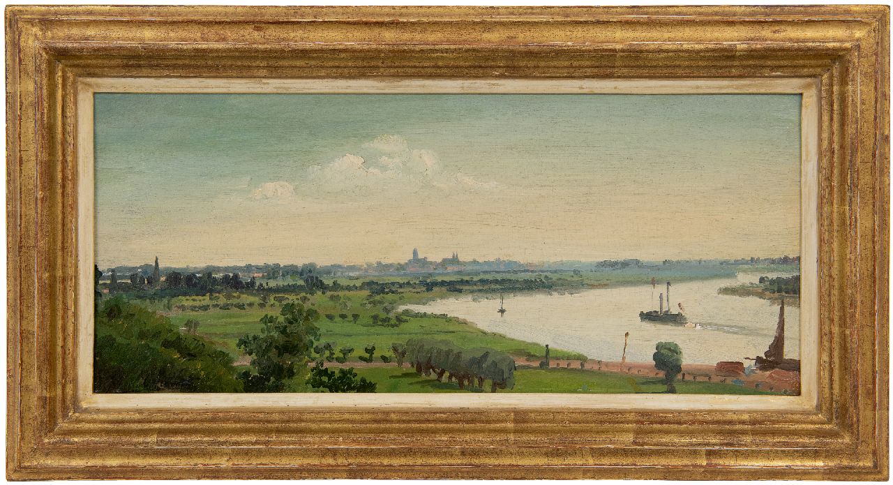 Oppenoorth W.J.  | 'Willem' Johannes Oppenoorth, Sommerliche Flusslandschaft, Deventer in der Ferne, Öl auf Leinwand auf Holz 21,2 x 46,1 cm, Unterzeichnet u.l.