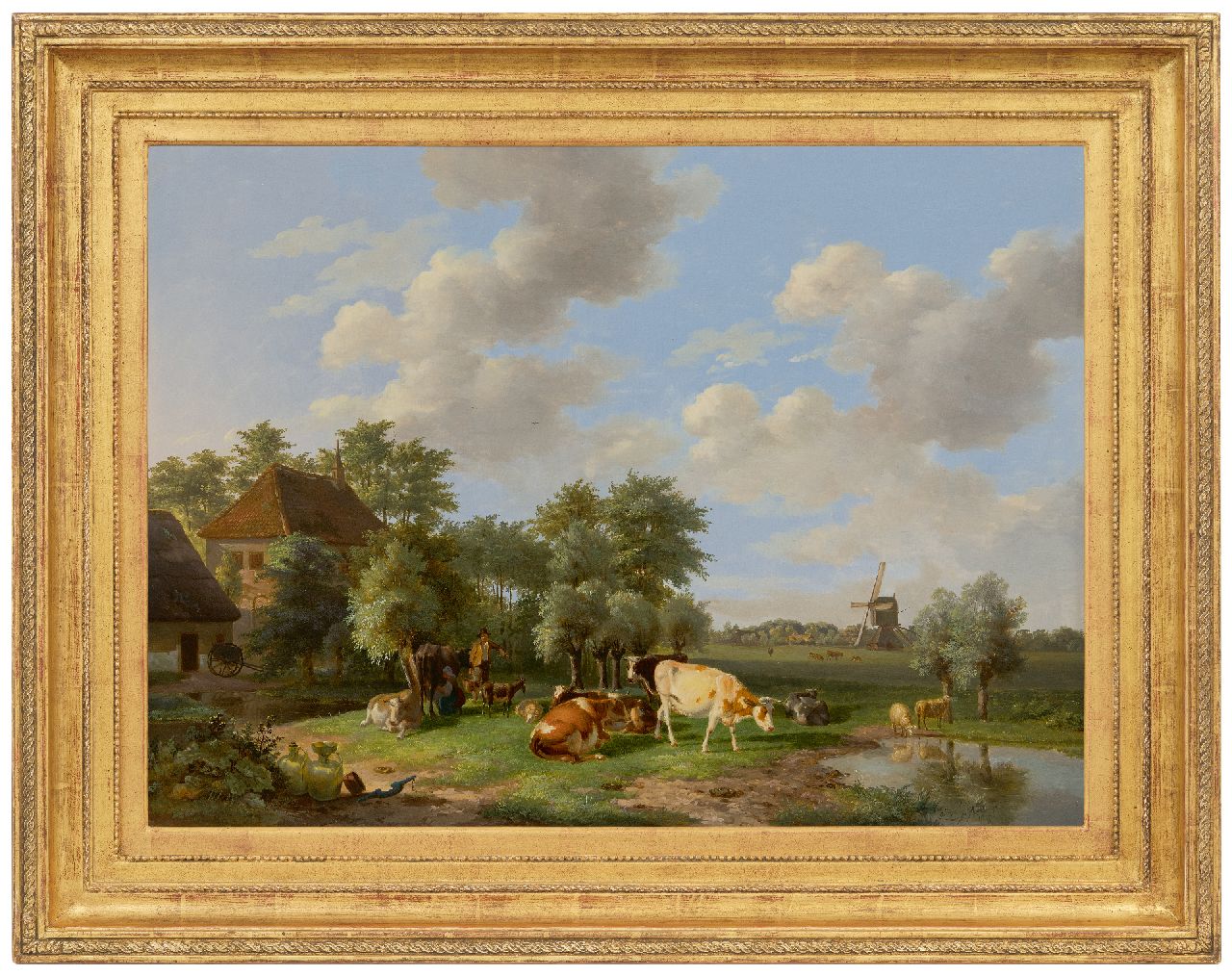 Lebret F.  | Frans Lebret | Gemälde zum Verkauf angeboten | Melkzeit auf dem Bauernhof, Öl auf Holz 52,3 x 70,8 cm, Unterzeichnet u.r. mit Initialen