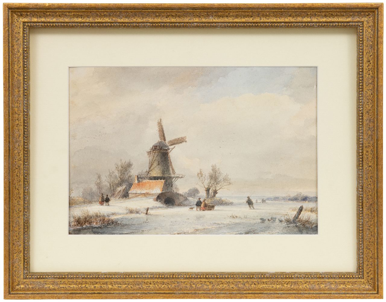 Kleijn L.J.  | Lodewijk Johannes Kleijn, Schneelandschaft mit Skater und Schlitten auf dem Eis, Aquarell auf Papier 17,6 x 26,4 cm, Unterzeichnet im Verso