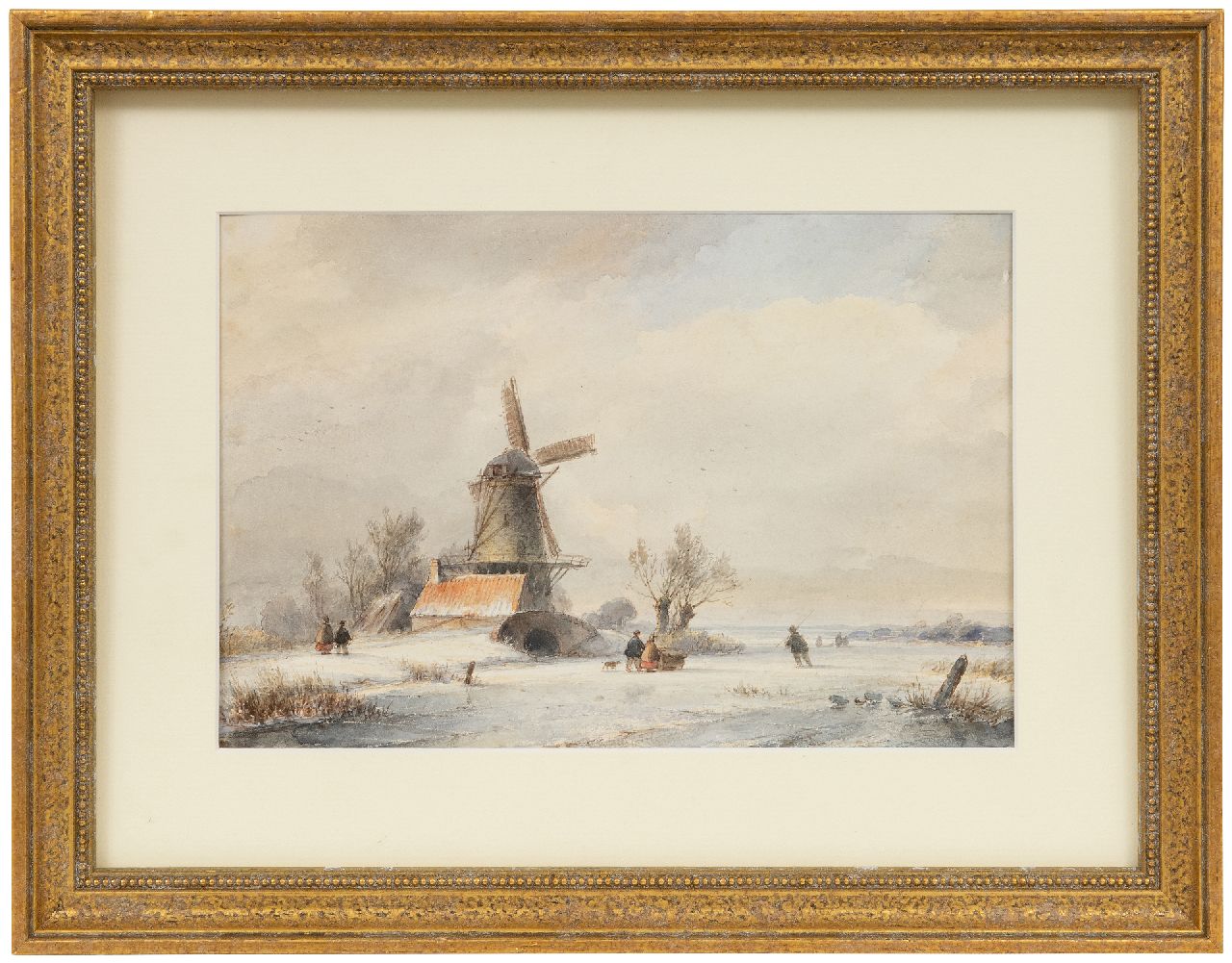 Kleijn L.J.  | Lodewijk Johannes Kleijn | Aquarelle und Zeichnungen zum Verkauf angeboten | Schneelandschaft mit Skater und Schlitten auf dem Eis, Aquarell auf Papier 17,6 x 26,4 cm, Unterzeichnet im Verso