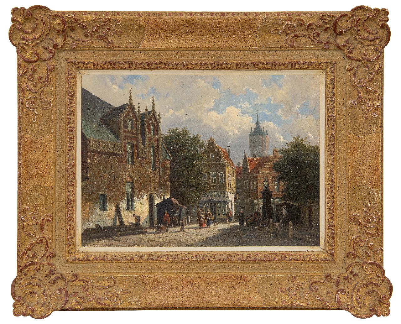 Roosdorp F.  | Frederik Roosdorp | Gemälde zum Verkauf angeboten | Sonniges Stadtbild mit der Alte Kirche von Delft, Öl auf Leinwand 29,2 x 40,0 cm, Unterzeichnet mit Initialen im Verso