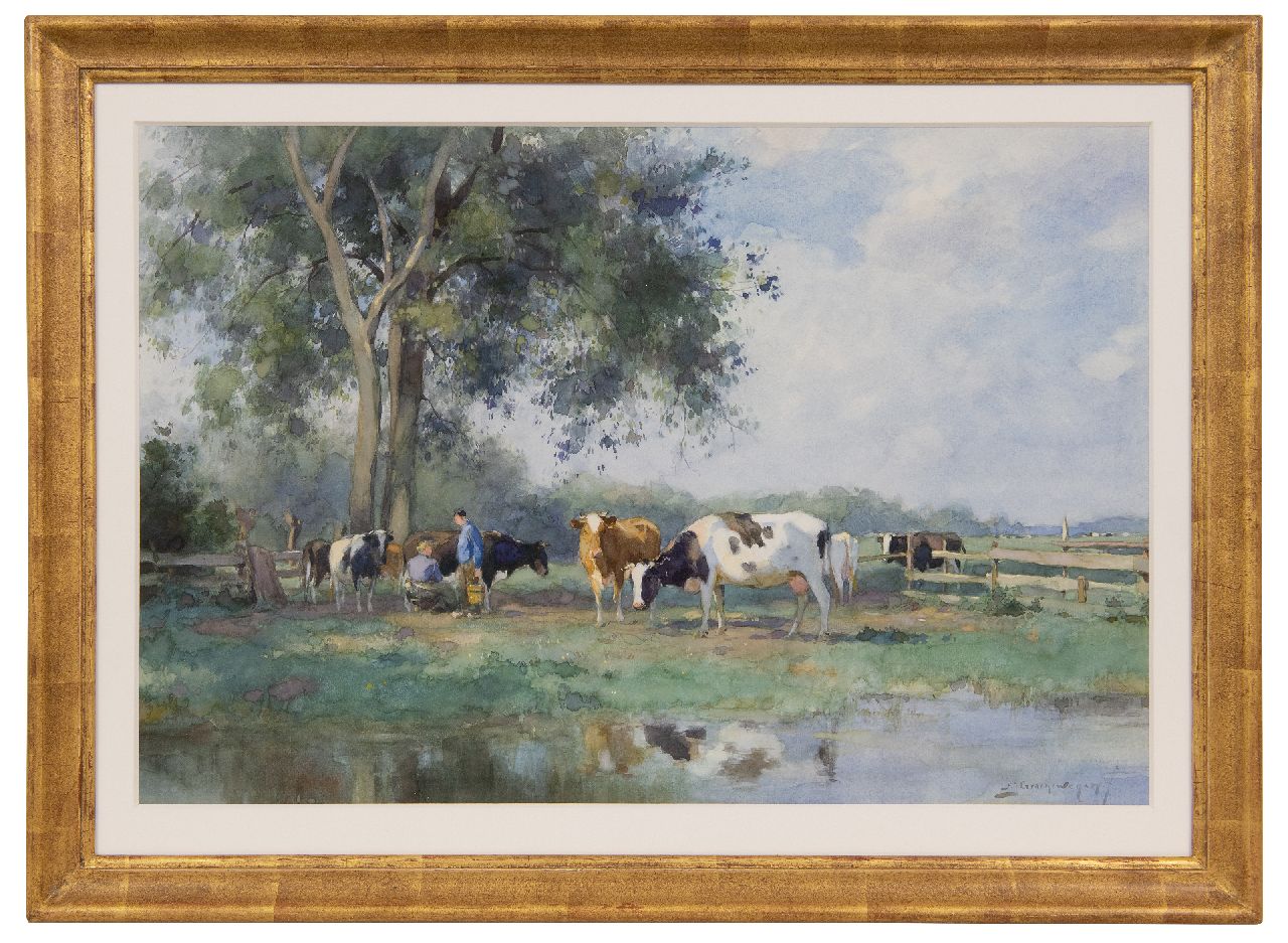 Groenewegen A.J.  | Adrianus Johannes Groenewegen, Melkzeit, Aquarell auf Papier 34,1 x 51,2 cm, Unterzeichnet u.r.
