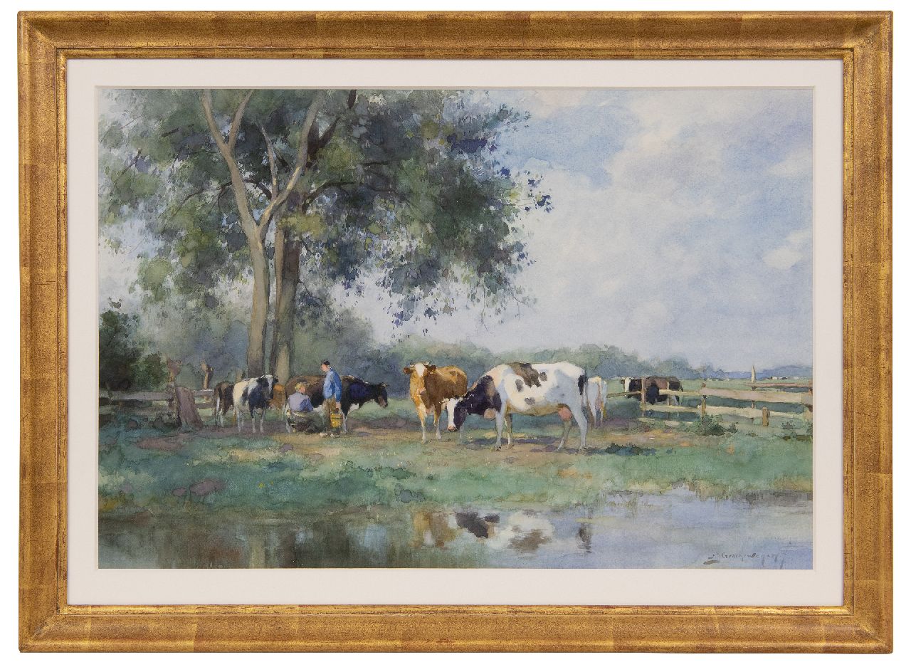 Groenewegen A.J.  | Adrianus Johannes Groenewegen | Aquarelle und Zeichnungen zum Verkauf angeboten | Melkzeit, Aquarell auf Papier 34,1 x 51,2 cm, Unterzeichnet u.r.