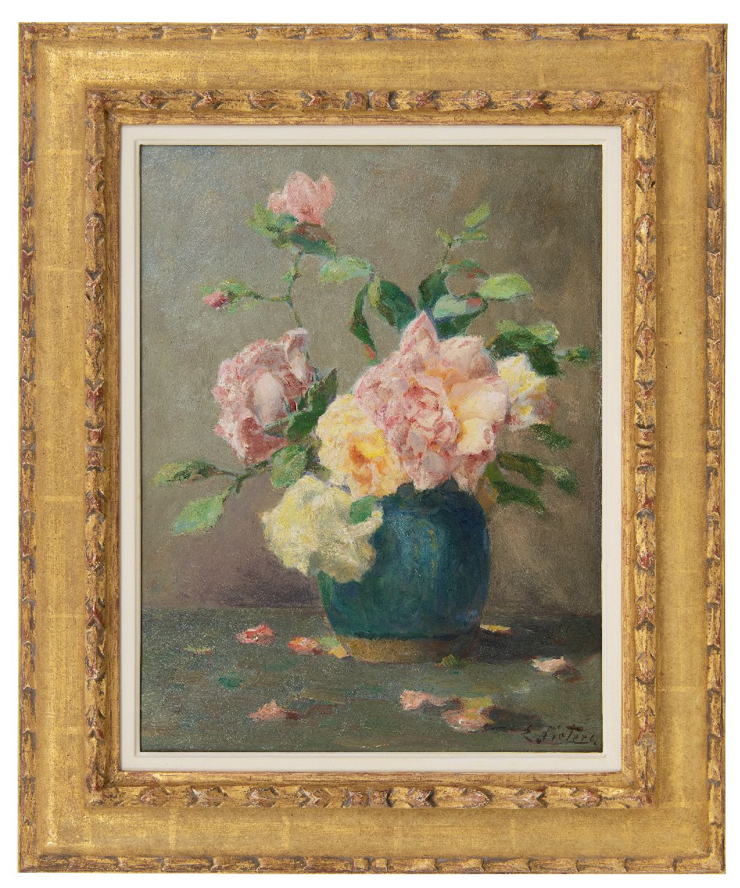 Pieters E.  | Evert Pieters | Gemälde zum Verkauf angeboten | Grüner Topf mit Rosen, Öl auf Holz 40,9 x 31,7 cm, Unterzeichnet u.r.
