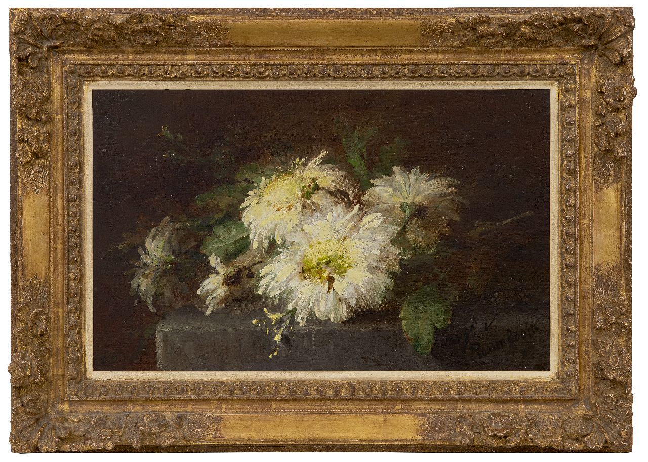 Roosenboom M.C.J.W.H.  | 'Margaretha' Cornelia Johanna Wilhelmina Henriëtta Roosenboom | Gemälde zum Verkauf angeboten | Chrysanthemen auf einem Steinsockel, Öl auf Leinwand 35,7 x 56,4 cm, Unterzeichnet u.r.