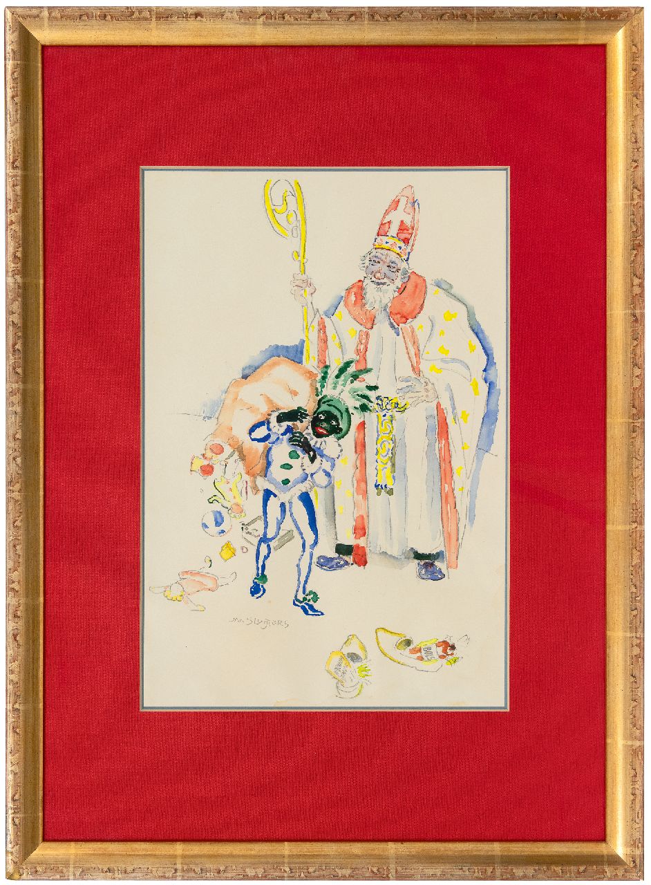 Sluijters J.C.B.  | Johannes Carolus Bernardus 'Jan' Sluijters | Aquarelle und Zeichnungen zum Verkauf angeboten | Nikolausabend 1946 mit Kautabak und Bols in den Schuhen, Aquarell auf Papier 47,5 x 32,2 cm, Unterzeichnet u.l. und zu datieren 1946