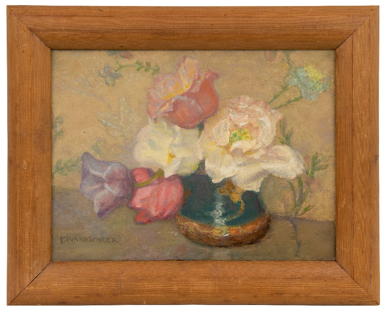 Wandscheer M.W.  | Maria Wilhelmina 'Marie' Wandscheer | Gemälde zum Verkauf angeboten | Grüner Topf mit Tulpen, Öl auf Holz 23,4 x 31,8 cm, Unterzeichnet u.l.