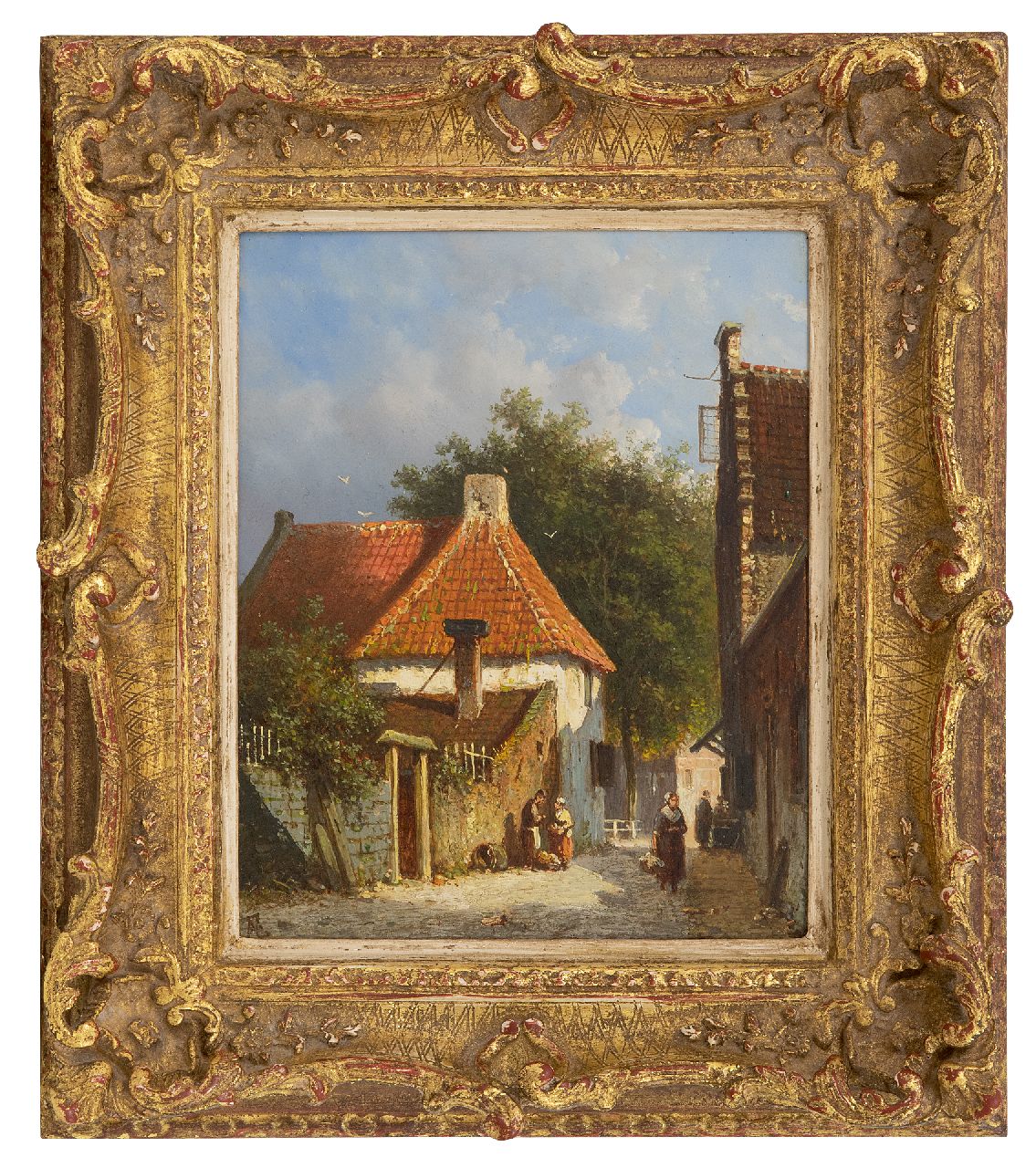 Eversen A.  | Adrianus Eversen | Gemälde zum Verkauf angeboten | Sonnige Strasse in Amsterdam, Öl auf Holz 18,8 x 15,2 cm, Unterzeichnet u.l. mit Monogramm