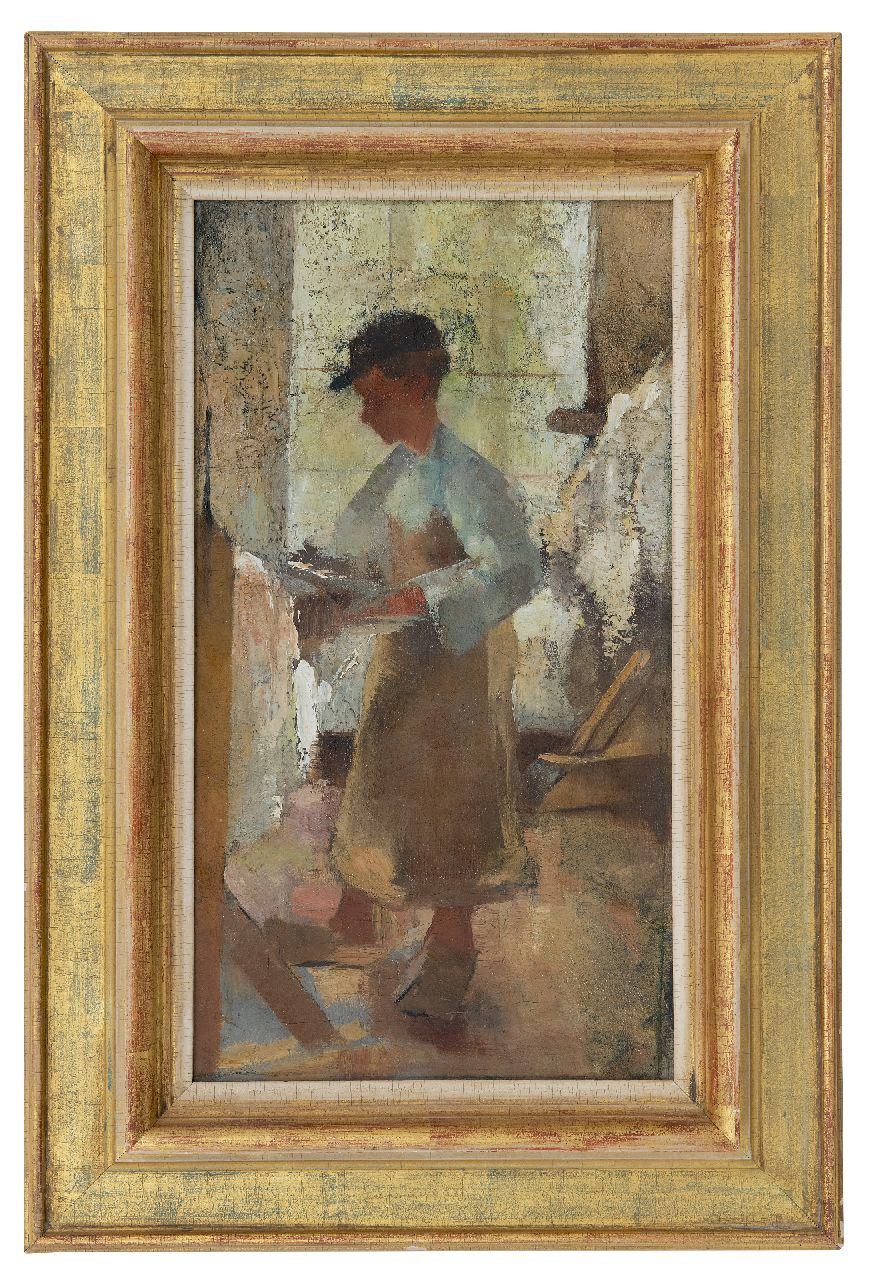Rappard A.G.A. van | 'Anthon' Gerhard Alexander van Rappard, Junger Arbeiter an einem Spannrahmen, Öl auf Leinwand 45,1 x 25,4 cm