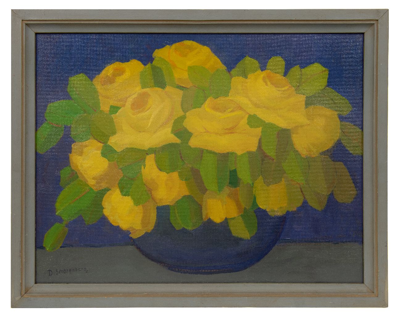 Smorenberg D.  | Dirk Smorenberg, Gelbe Rosen in blauer Vase, Öl auf Holzfaser 55,0 x 72,7 cm, Unterzeichnet u.l.