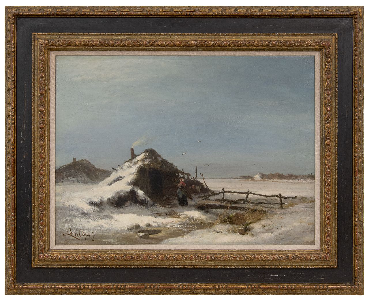 Apol L.F.H.  | Lodewijk Franciscus Hendrik 'Louis' Apol | Gemälde zum Verkauf angeboten | Winterlandschaft mit Plaggenhütte, Öl auf Leinwand 47,2 x 64,2 cm, Unterzeichnet u.l. und zu datieren um 1871-1873