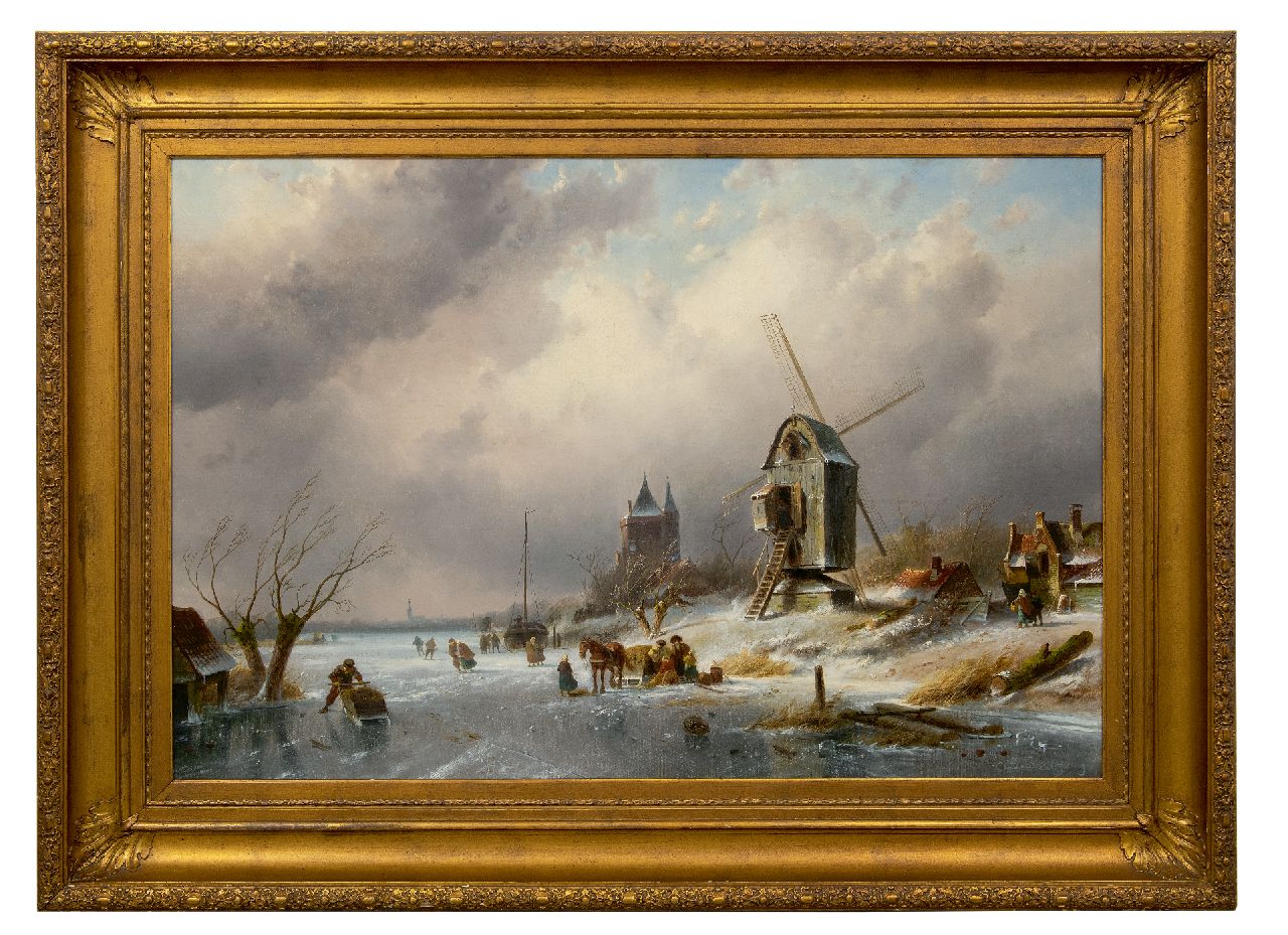 Leickert C.H.J.  | 'Charles' Henri Joseph Leickert, Winterlandschaft mit Schlittschuhläufern und Windmühle, Öl auf Leinwand 77,8 x 115,1 cm, Unterzeichnet u.r.