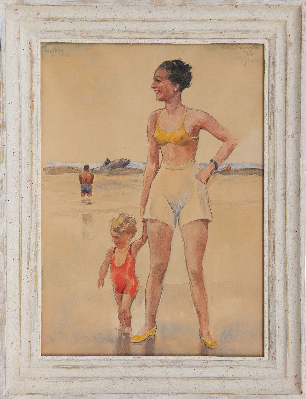 Sluiter J.W.  | Jan Willem 'Willy' Sluiter, Mutter und Kind am Strand von Scheveningen, Kreide und Aquarell auf Holzfaser 49,0 x 35,7 cm, Unterzeichnet o.r. und datiert 'Scheveningen' '36