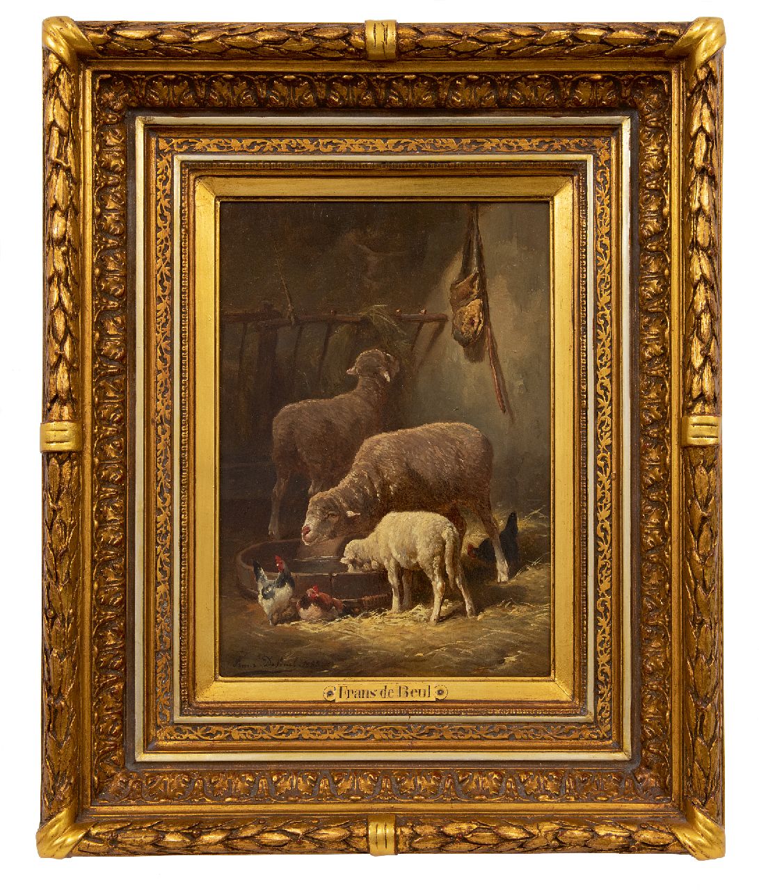 Beul F. de | Frans de Beul | Gemälde zum Verkauf angeboten | Schafe Im Stall, Öl auf Holz 34,3 x 23,2 cm, Unterzeichnet u.l. und datiert 1883