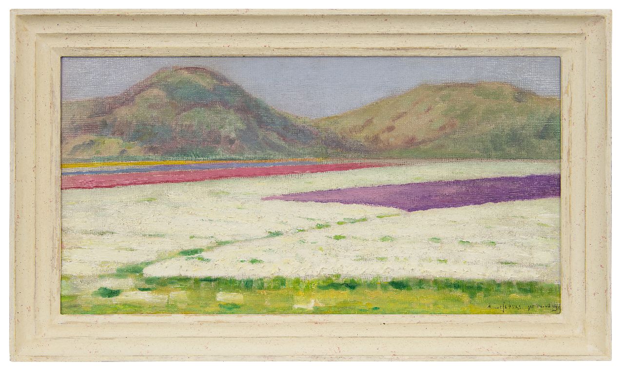 Lefebvre A.  | Albrecht 'Albert' Lefebvre | Gemälde zum Verkauf angeboten | Blumenzwiebelfelder in der Nähe von Noordwijk, Öl auf Leinwand 32,7 x 62,3 cm, Unterzeichnet u.r. und datiert 1918