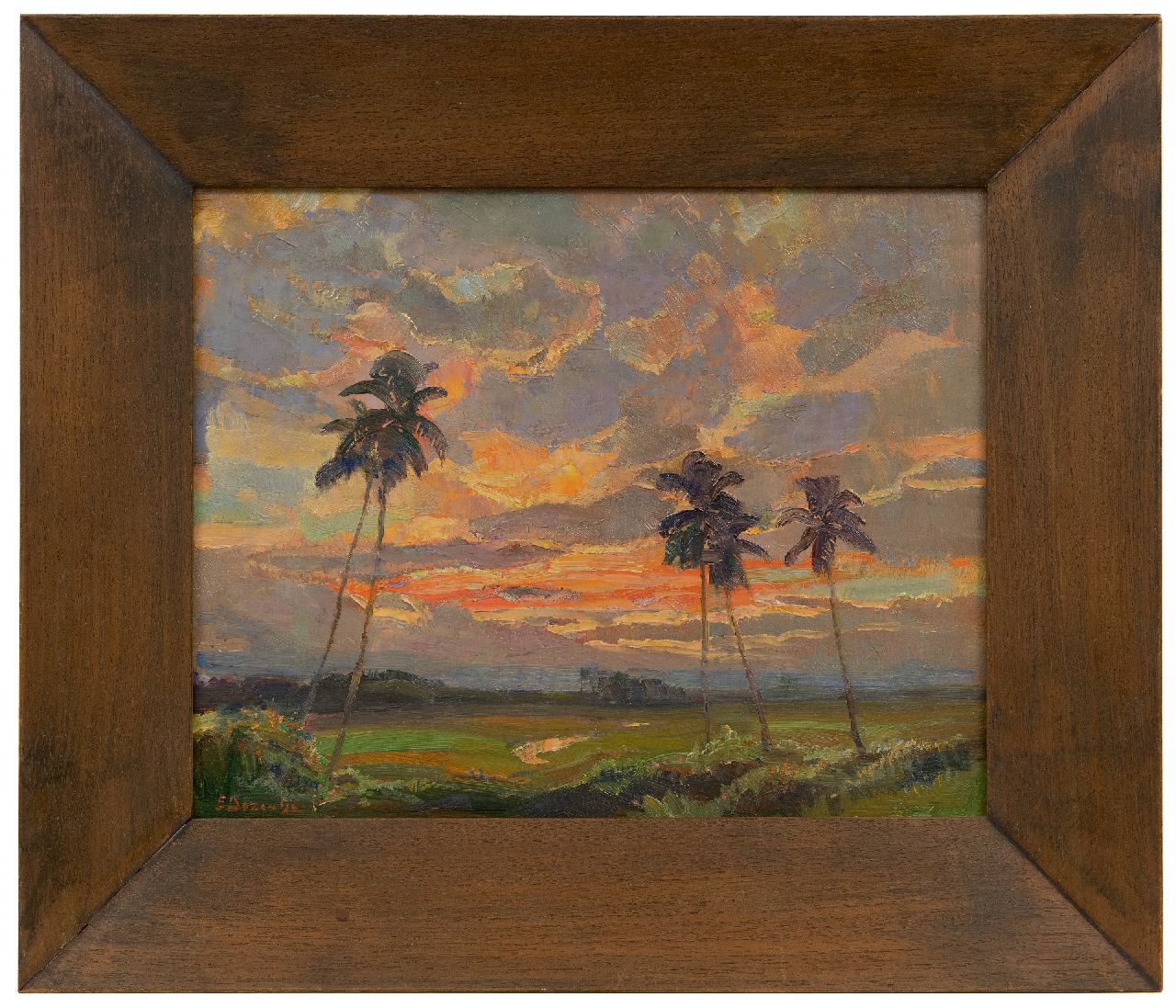 Dezentjé E.  | Ernest Dezentjé, Sonnenuntergang in der Nähe des Kulturgartens Tjikeumeuh, Buitenzorg, Öl auf Holz 31,9 x 39,3 cm, Unterzeichnet u.l. und im Verso