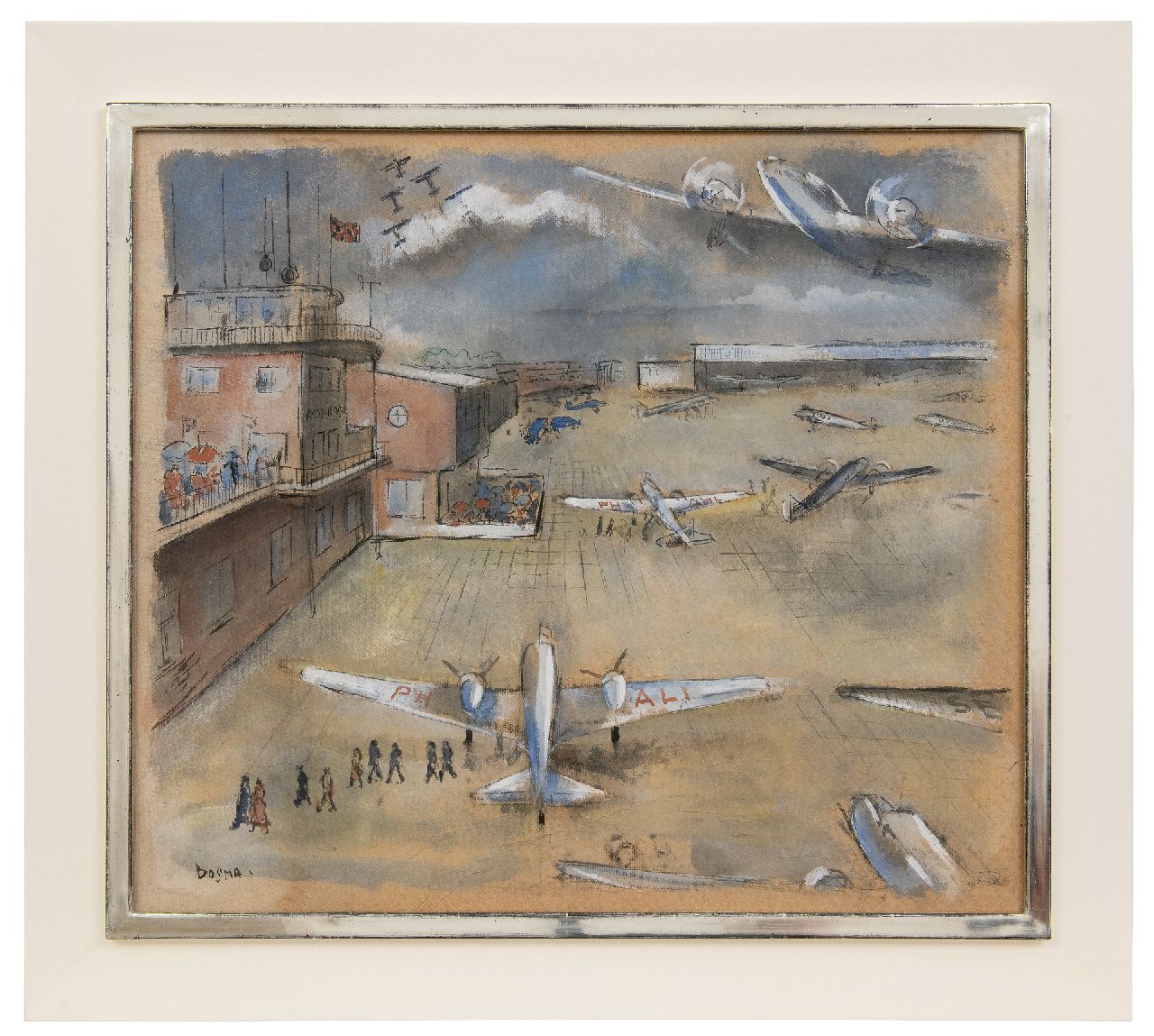 Bosma W.  | Willem 'Wim' Bosma, Flughafen Schiphol mit der KLM Douglas DC-3 'Ibis', Kreide und Gouache auf Pappe 54,4 x 62,0 cm, Unterzeichnet u.l. und zu datieren Ende der 30er Jahre