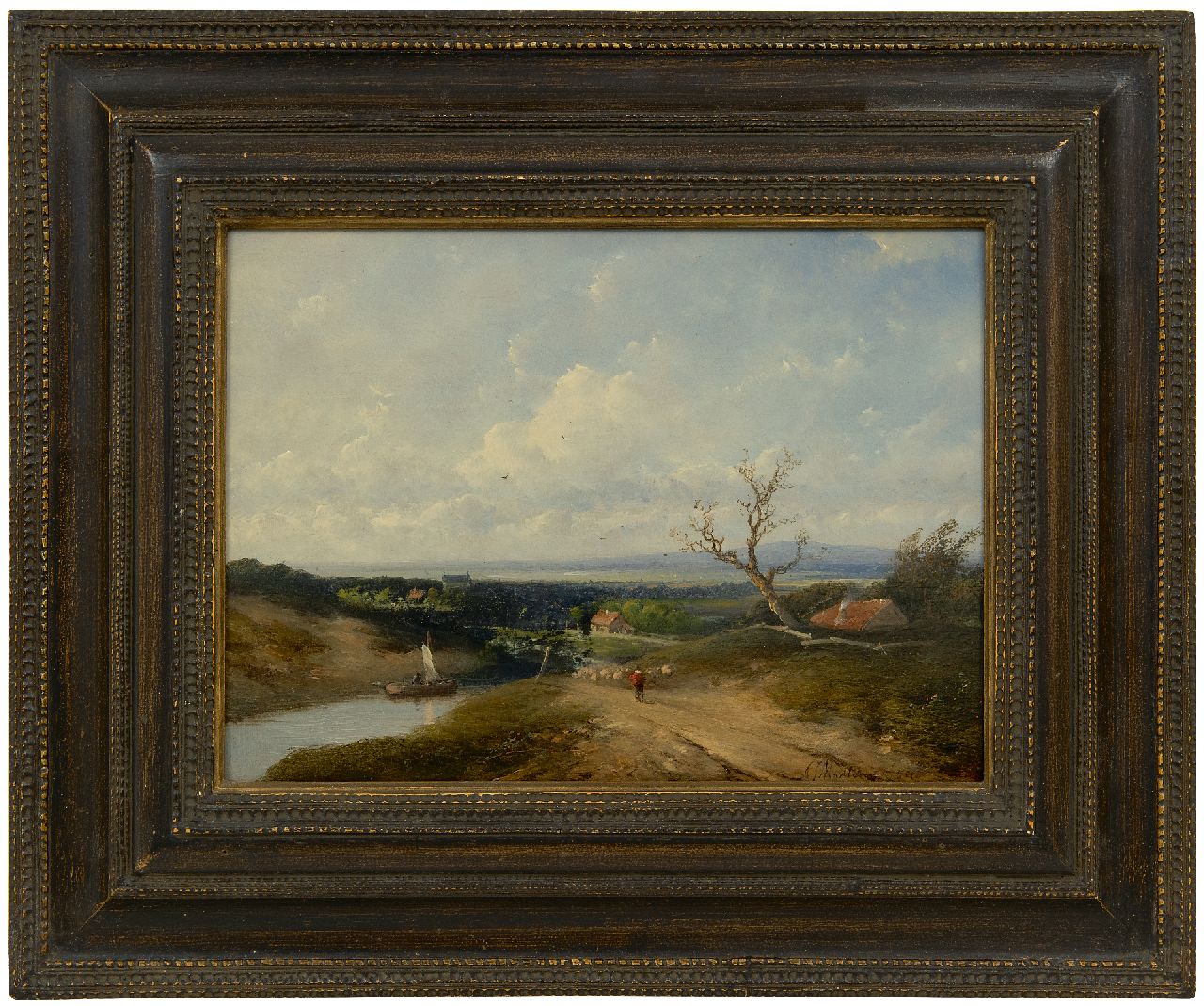 Madlener A.J.  | Antonius Josephus Madlener | Gemälde zum Verkauf angeboten | Panoramische Landschaft mit Hirten und Schafen, Öl auf Holz 21,7 x 29,7 cm, Unterzeichnet r.u. und datiert '54