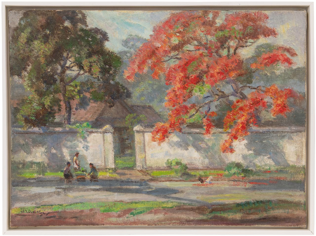 Dezentjé E.  | Ernest Dezentjé, Gartenmauer mit blühendem Flammenbaum, Öl auf Leinwand 40,3 x 55,1 cm, Unterzeichnet u.l.