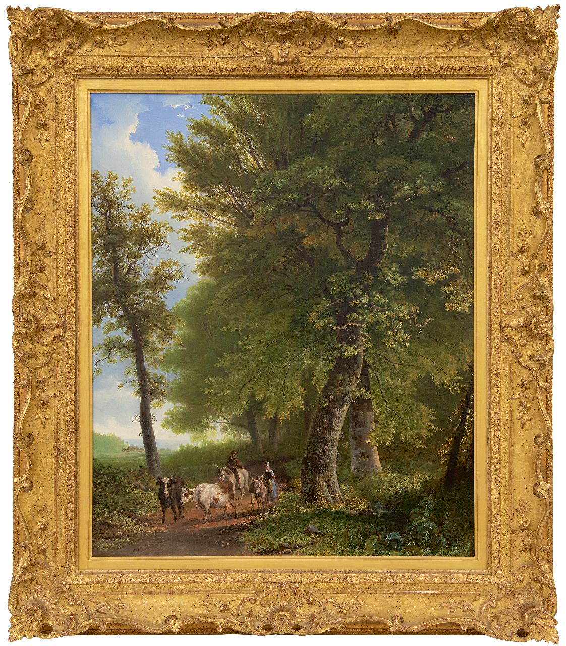 Bodeman W.  | Willem Bodeman | Gemälde zum Verkauf angeboten | Eine Bäuerin mit Vieh und ein Reisender auf einem Waldweg, Öl auf Holz 58,8 x 49,0 cm, Unterzeichnet u.l.