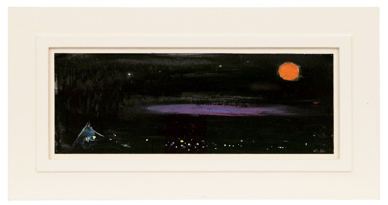 Brands E.A.M.  | Eugenius Antonius Maria 'Eugène' Brands | Aquarelle und Zeichnungen zum Verkauf angeboten | Japonais II: Aufgehender Mond, Gouache auf Papier 17,5 x 48,0 cm, Unterzeichnet u.r. mit Initialen und datiert '89